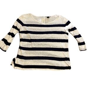 H&M Blue and White Striped 100% Linen 3/4 Sleeve Top Zip Up Back Women's Large